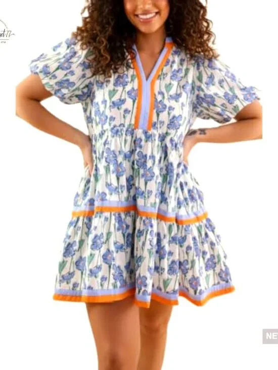 Puff Sleeve Floral Print Mini Dress with Pockets, Casual V-Neck Pull On - Picture 5 of 5